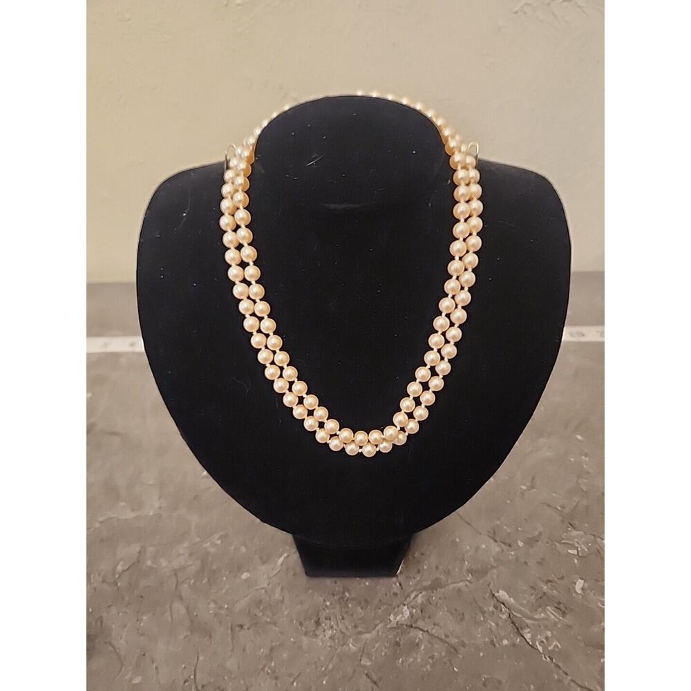 Double Strand Pearl Necklace Choker Faux Baroque Bead‎ Silver Tone Pendant VTG